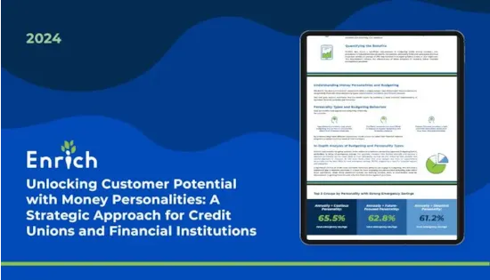 An infographic on a tablet about money personalities for credit unions, with blue and green design elements and the year 2024.
