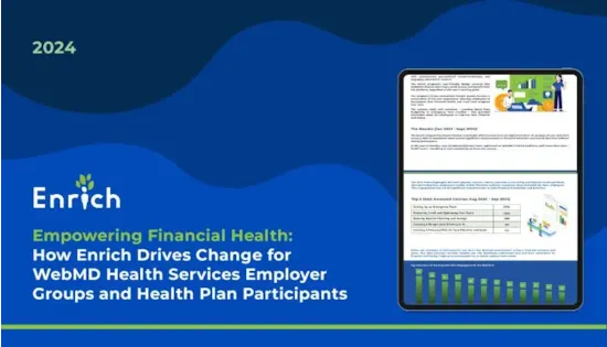 Tablet displaying a financial health report with the title and Enrich logo on a blue and green graphic background.