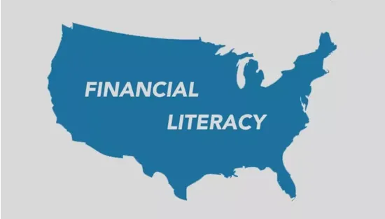 A blue map of the United States with the words FINANCIAL LITERACY written across it.
