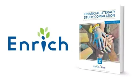 Enrich logo and a book titled Financial Literacy Study Compilation with colorful hands stacked on the cover.