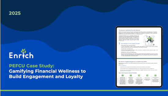 A tablet displays a financial wellness case study on a blue and green Enrich-branded background, with text about engagement.