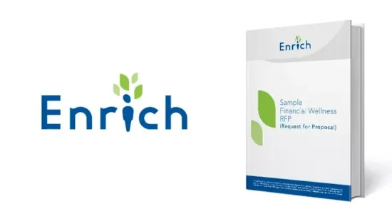 Enrich logo and sample financial wellness RFP booklet with green leaf graphics on a white background.