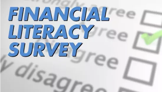 Blue text reads Financial Literacy Survey over a blurred checklist with a green checkmark in one of the boxes.
