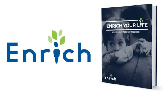 The Enrich logo and a book titled Enrich Your Life featuring a child hugging an adult on the cover.