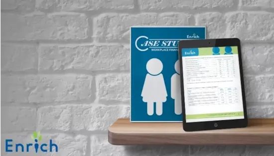 A booklet and a tablet displaying documents sit on a wooden shelf against a white brick wall, with Enrich logo visible.