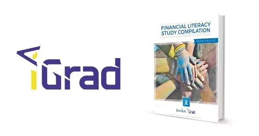 IGrad logo next to a booklet titled “Financial Literacy Study Compilation” showing painted hands stacked together.
