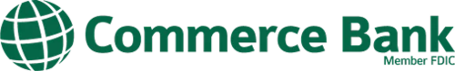 Commerce Bank logo with a green globe icon and the words “Commerce Bank Member FDIC” in green text.