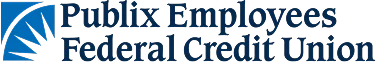 Publix Employees Federal Credit Union logo with blue text and a stylized blue and white sunburst graphic.
